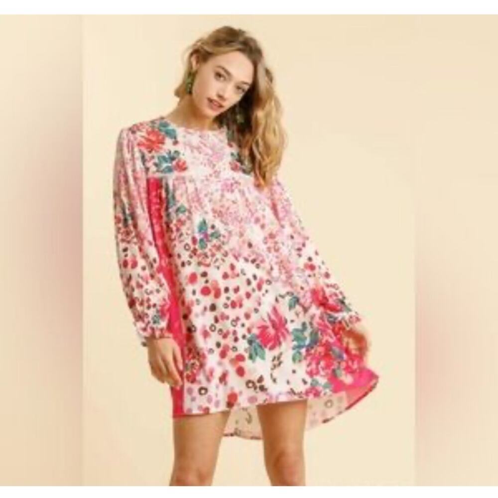 Umgee Floral Print Long Sleeve Flowy Pink Dress Size Small